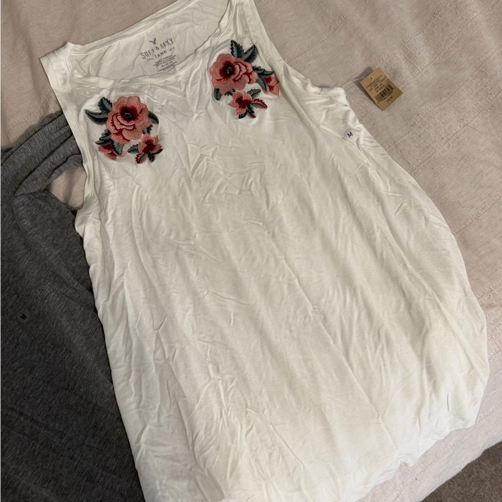 Aerie White Tank Top with Pink Floral Embroidery